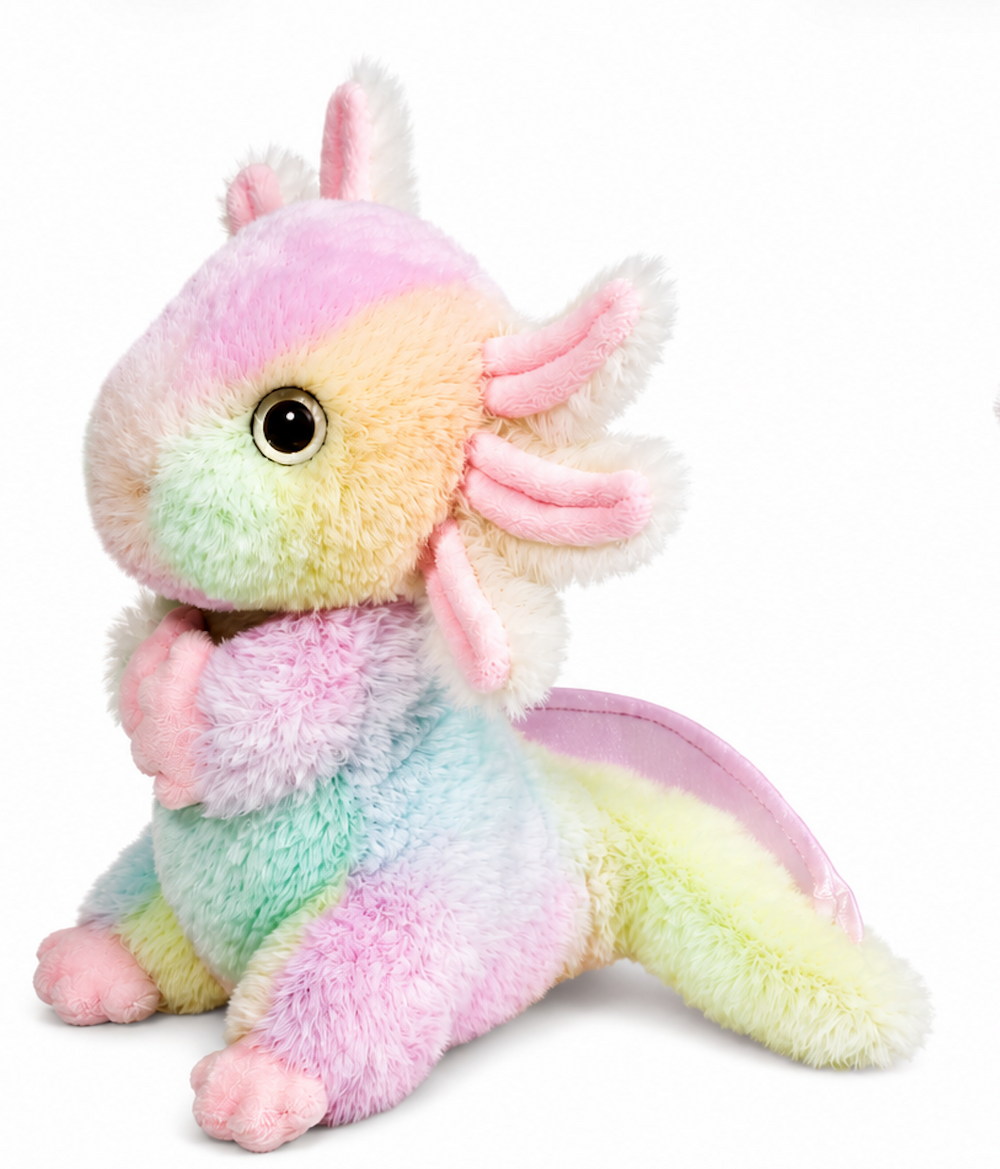 Pastel rainbow axolotl plush toy with soft multicolor fur, pink frills, large glossy eyes, and a fluffy tail, shown in a side profile