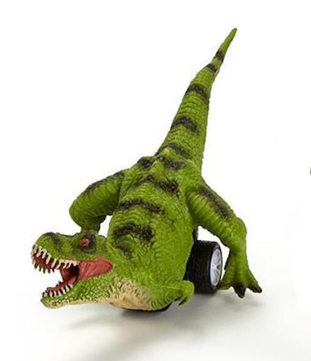 Toy t-rex on wheels with a white background