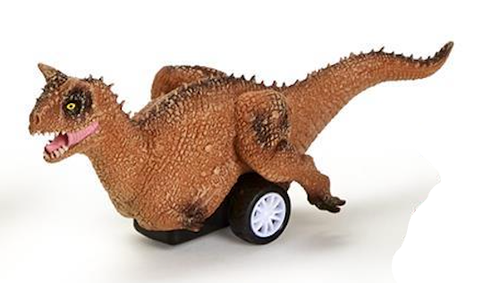 Toy dinosaur with wheels on a white background