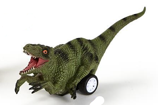 Toy dinosaur with wheels on a white background