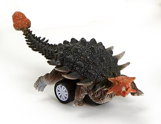 Toy dinosaur with wheels on a white background