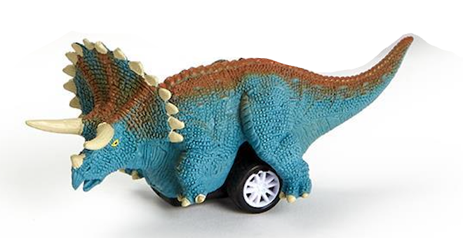 Toy dinosaur with wheels on a white background