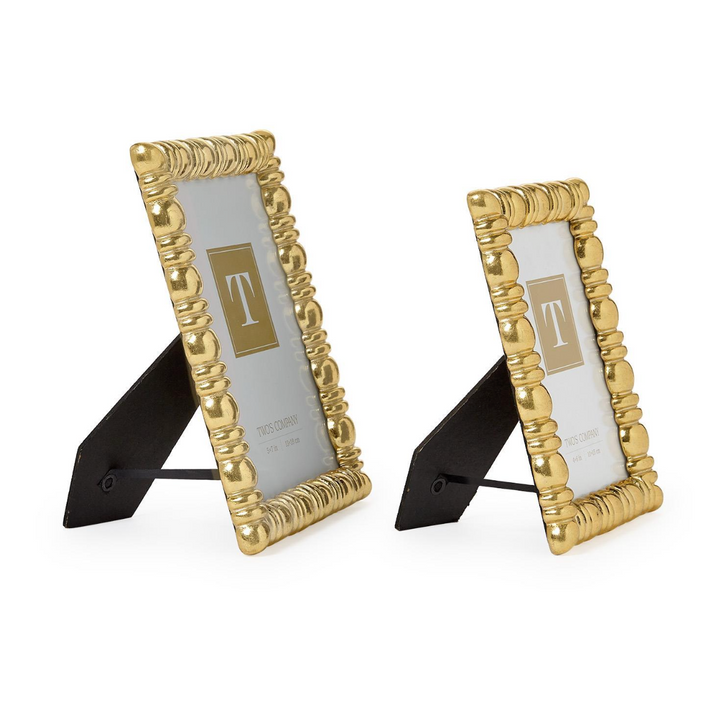 GOLD 4x6 5x7 SPINDLE FRAMES ON WHITE BACKGROUND SIDE BY SIDE SHOWING SIDE ANGLE