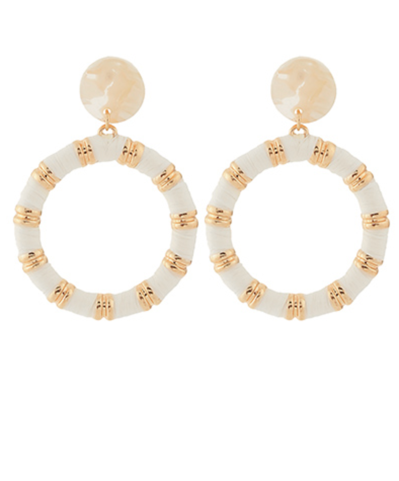 Cream beaded hoop earrings with gold accents and marbled stud tops | Walker Boutique