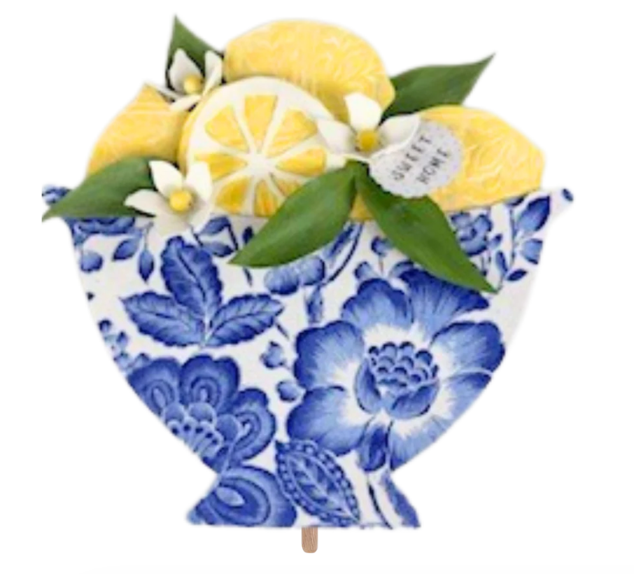 Blue and white floral lemon bowl door hanger with bright yellow lemons and white blossoms | Walker Boutique