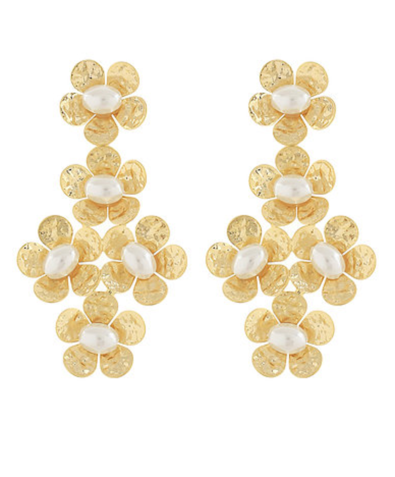 Gold floral statement earrings with pearl centers and textured petals | Walker Boutique
