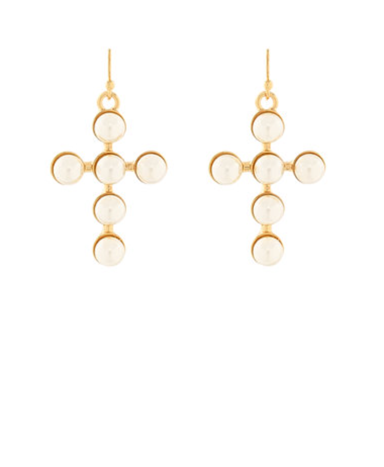 Gold cross earrings with pearl accents and a delicate dangle design | Walker Boutique