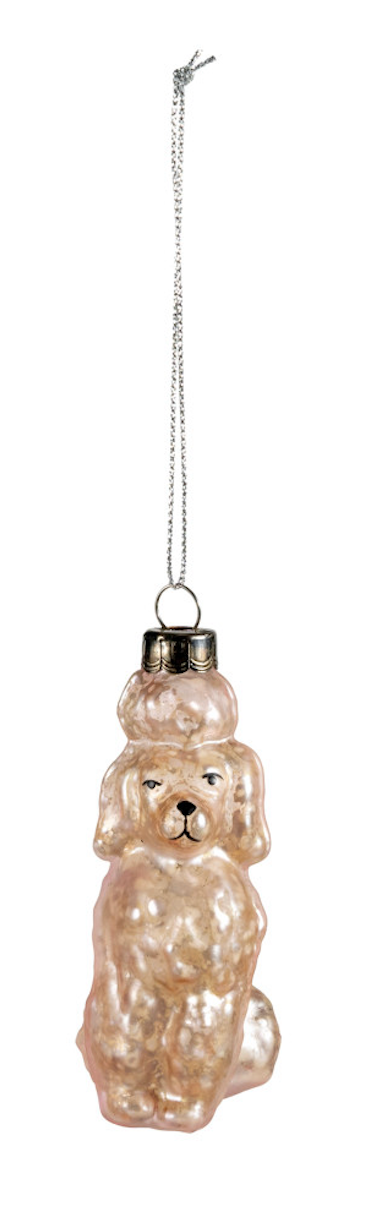 A small hanging ornament shaped like a fluffy dog, made of iridescent pale pink glass with a silver hanging chain and cap, shown on a plain white background.