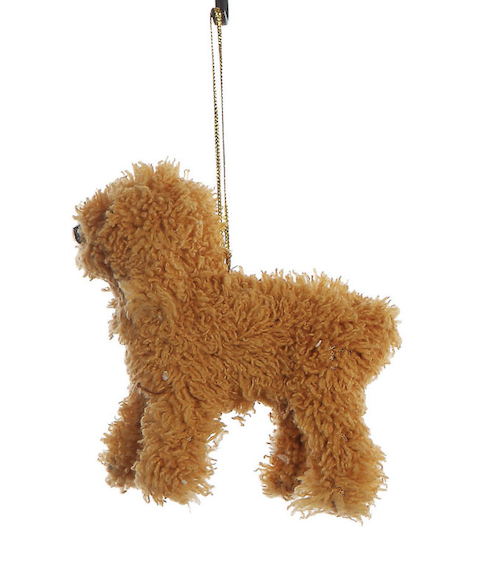 A fluffy golden-brown dog-shaped hanging ornament with a black hanging loop at the top, shown against a plain white background.