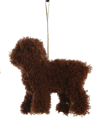 A brown curly-furred dog-shaped hanging ornament with a gold hanging string, shown against a plain white background.