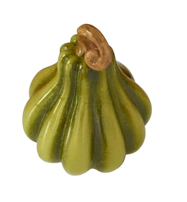 A small decorative gourd figurine with a ribbed, pumpkin-like shape in olive green and yellow-green tones, with a tan-brown stem, shown on a white background 