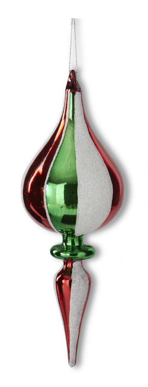 A Christmas tree ornament with a split design of metallic red and textured silver on one side, and glossy green on the other, hanging against a white background.