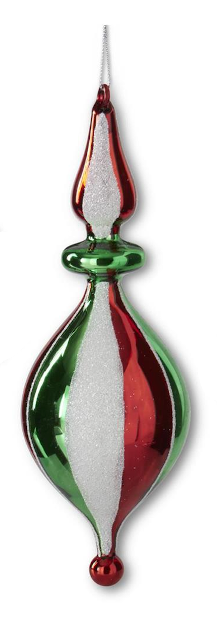 A glossy Christmas ornament shaped like a teardrop with vertical red, green, and white glitter stripes, hanging against a white background.