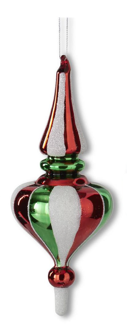 A red, green, and white striped glass Christmas ornament with a silver glitter center stripe, hanging against a white background.