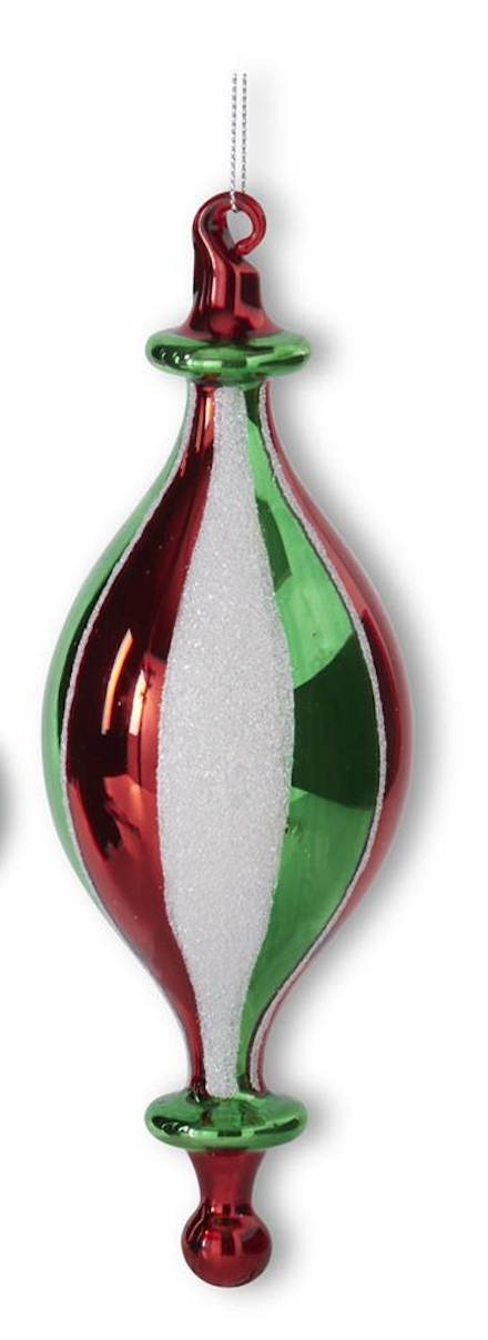 A Christmas ornament shaped like a teardrop, featuring alternating vertical stripes of metallic red, glittery white, and metallic green, with a red hanging loop at the top.