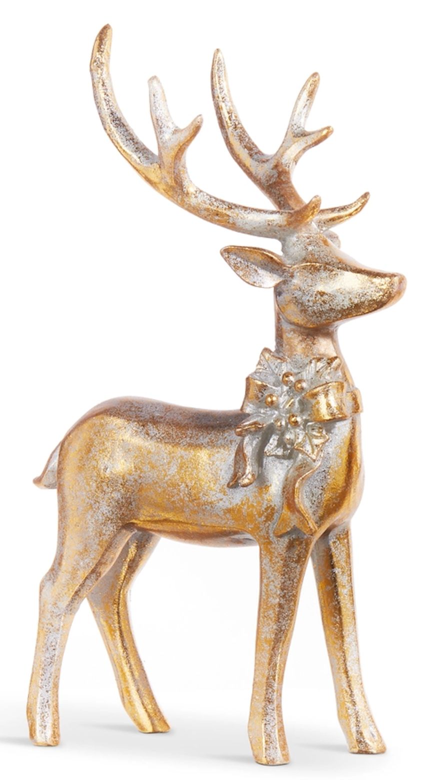 7" AGED GOLD DEER WITH BOW ORNAMENT