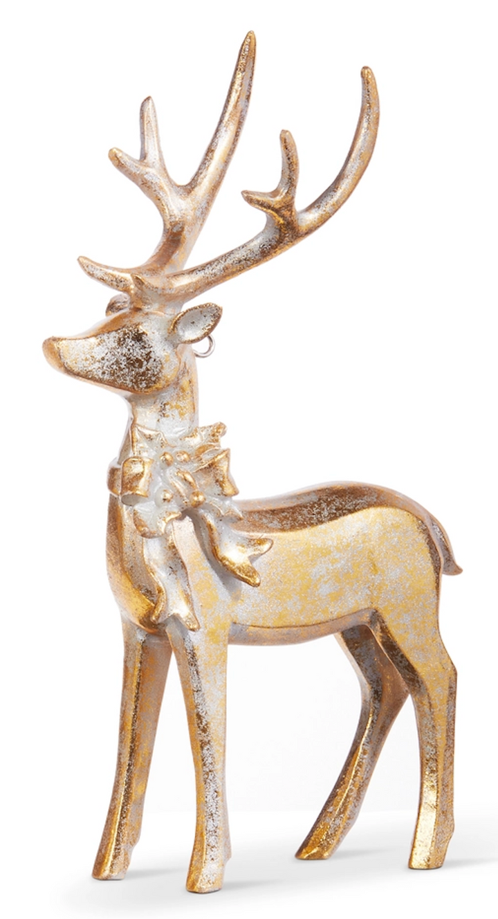 7" AGED GOLD DEER WITH BOW ORNAMENT