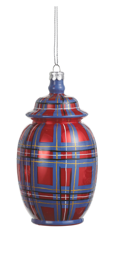 red and blue plaid urn ornament