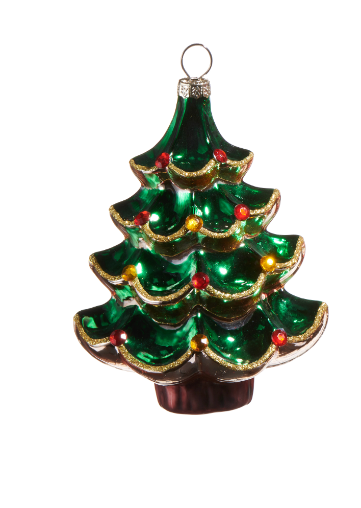 A vintage-style green glass Christmas tree ornament with gold trim and small red and yellow decorative lights, shown against a plain white background.