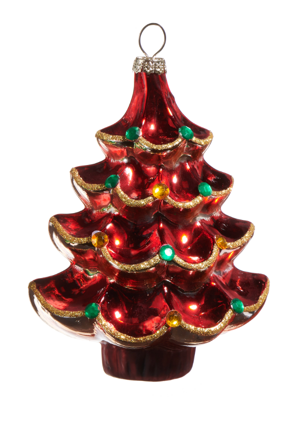A red glass Christmas tree ornament with gold glitter trim and small green and yellow decorative accents, shown on a plain white background.