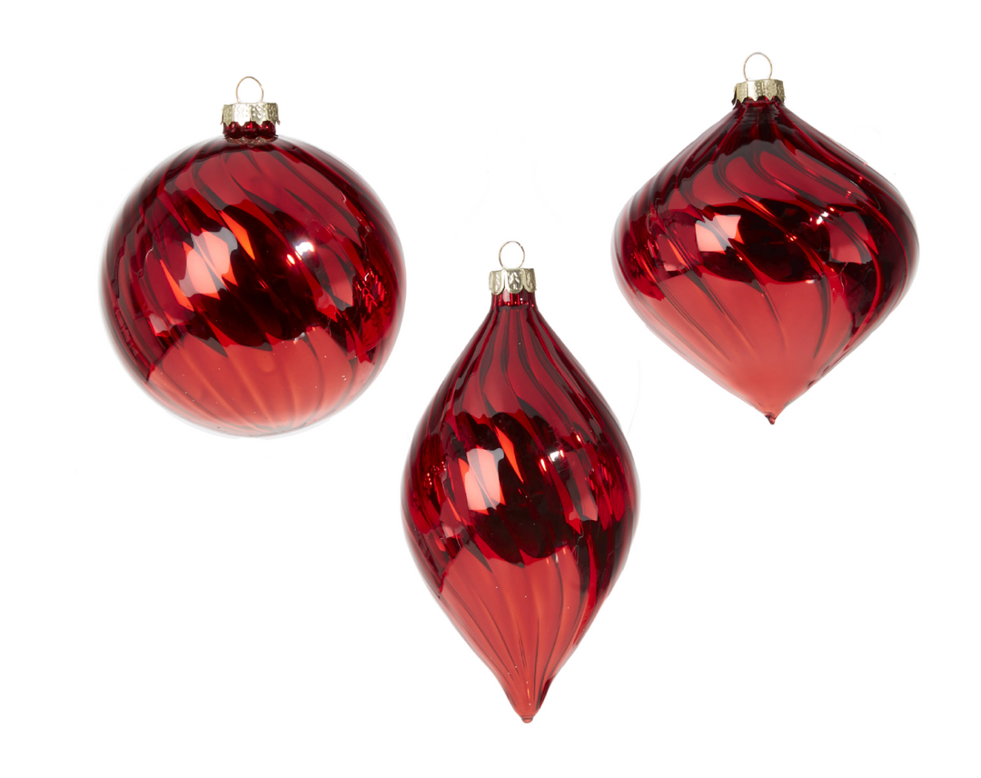 THREE STYLES OF RED GLASS ORNAMENTS ON WHITE BACKGROUND