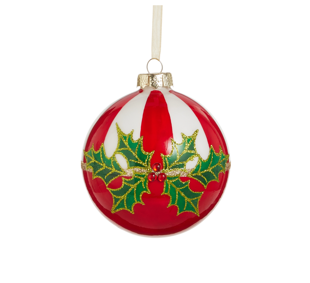 Glass  Stripe and Holly Red Ball Ornament