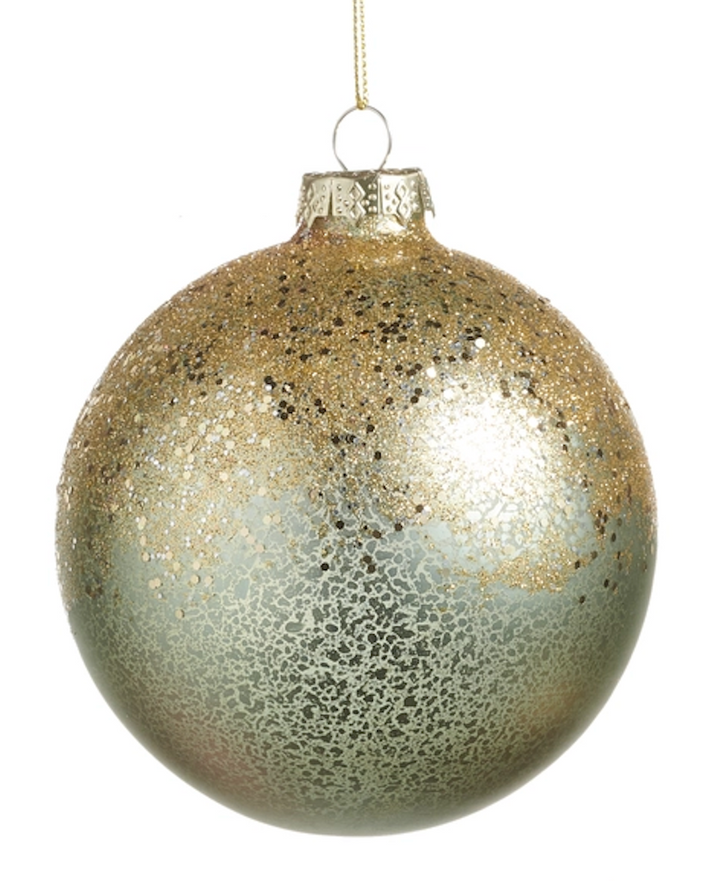 ANTIQUED BALL WITH GLITTER ORNAMENT