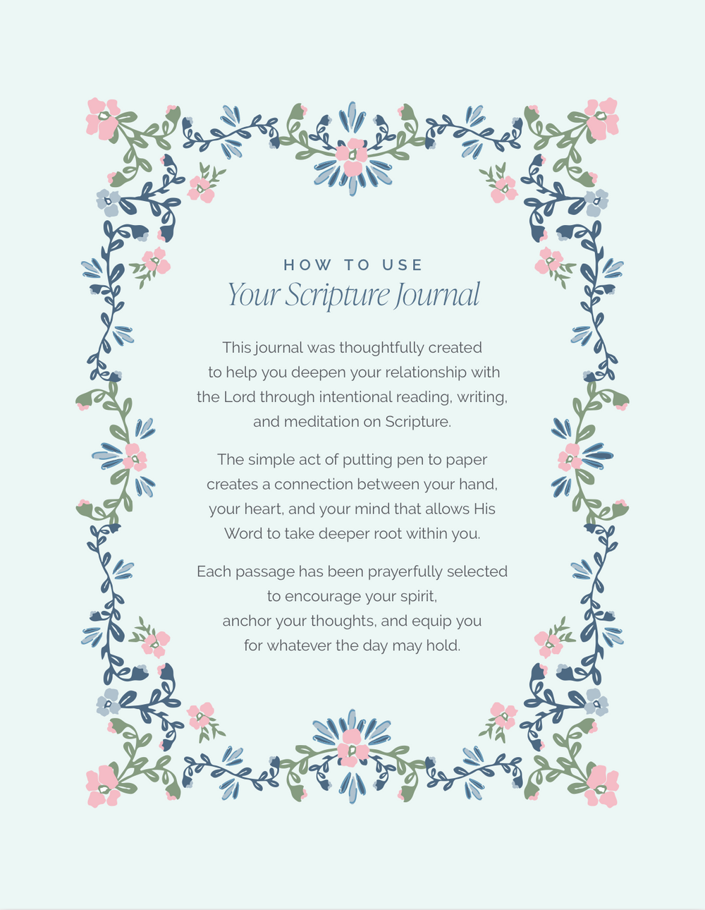 A centered printed guide titled 'HOW TO USE Your Scripture Journal' surrounded by a floral border of pink flowers and blue-green leaves on a pale mint background.