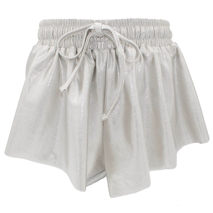 silver shimmer shorts with drawstring on a white background, brand 'Azathia' visible.