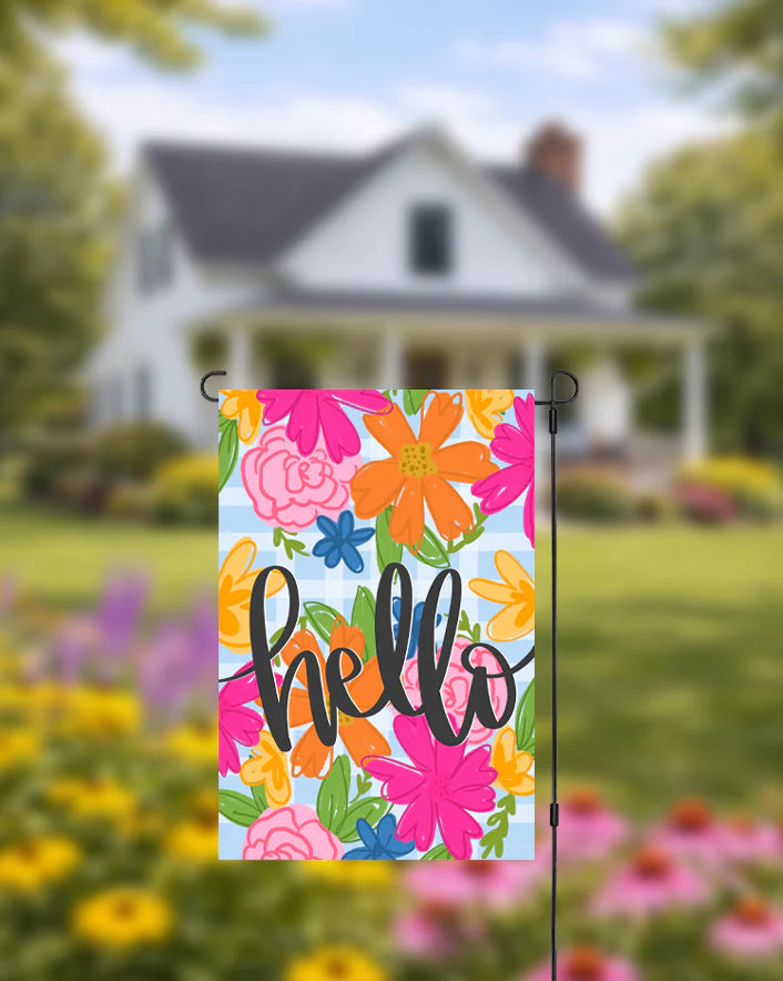 HELLO MULTI COLOR FLORAL GARDEN FLAG