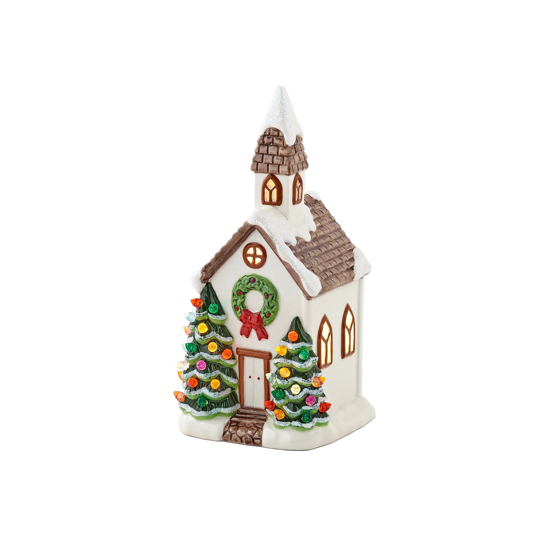 CERAMIC LIT CHURCH WITH DECORATIVE TREE AND WREATHS