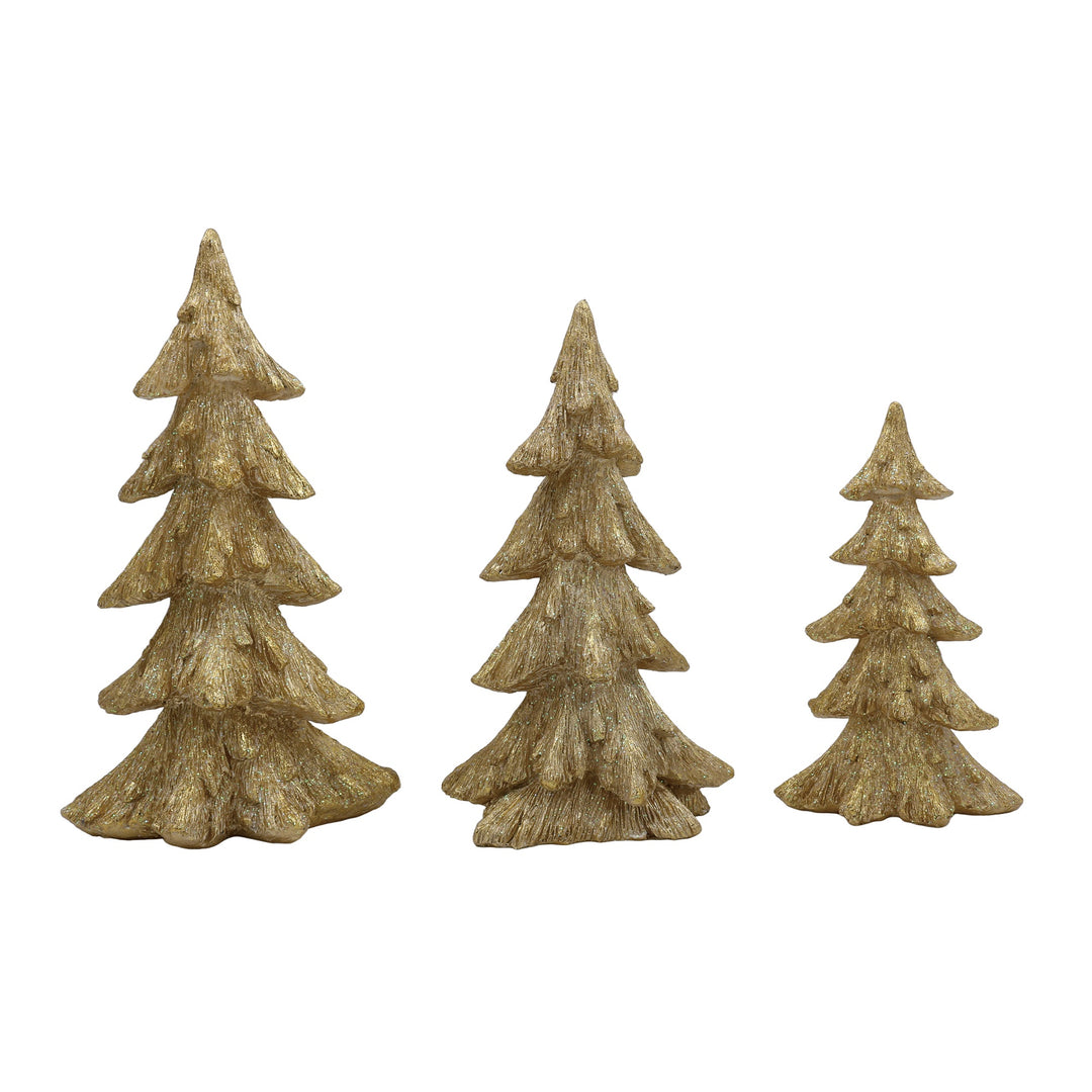 Three decorative Christmas trees with a rustic finish on a white background