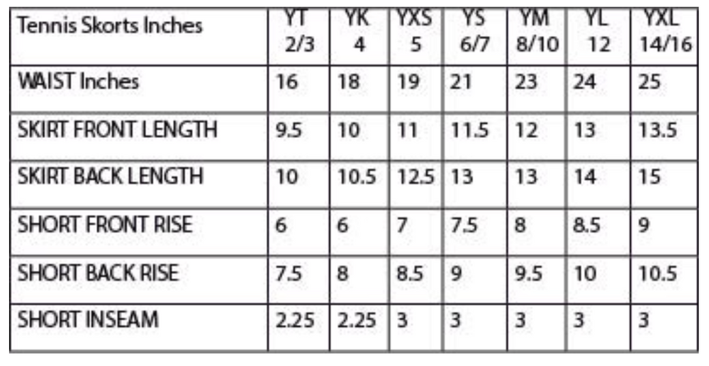 skort size chart