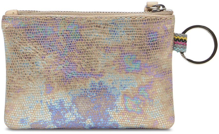 Small pouch with multicolored pattern and keychain attachment on a plain background