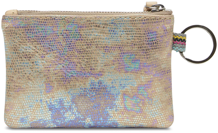 Small pouch with multicolored pattern and keychain attachment on a plain background