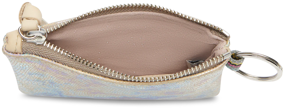 Small pouch with a zipper and keychain attachment on a white background