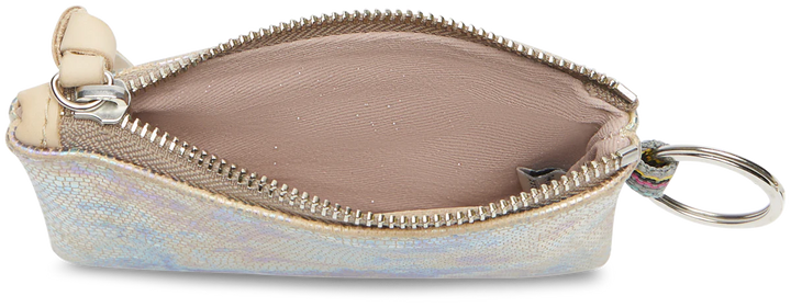 Small pouch with a zipper and keychain attachment on a white background