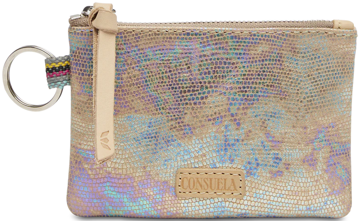 Iridescent clutch with keychain and visible brand logo on a white background