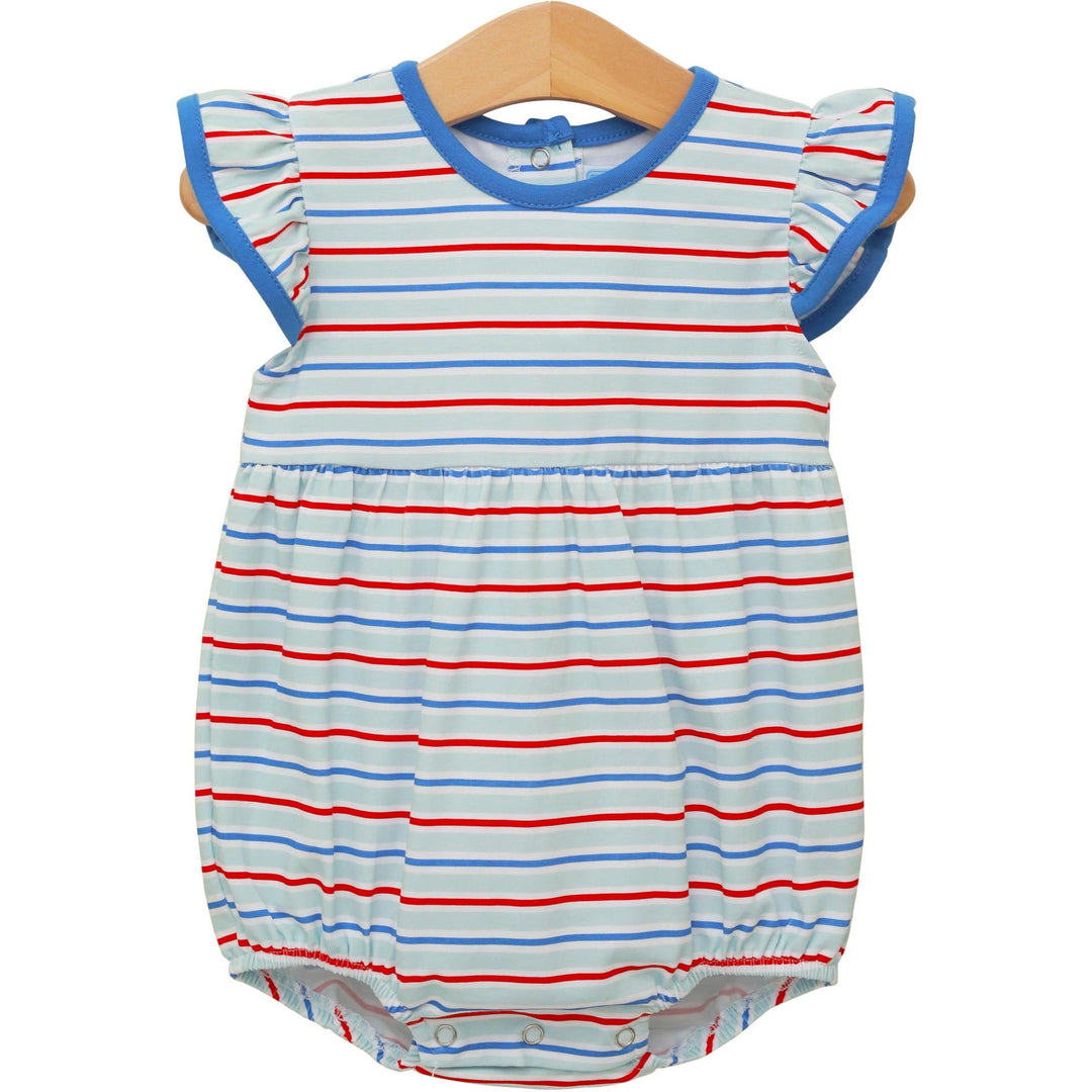 Striped baby romper with blue, red, and white colors on a hanger against a white background.