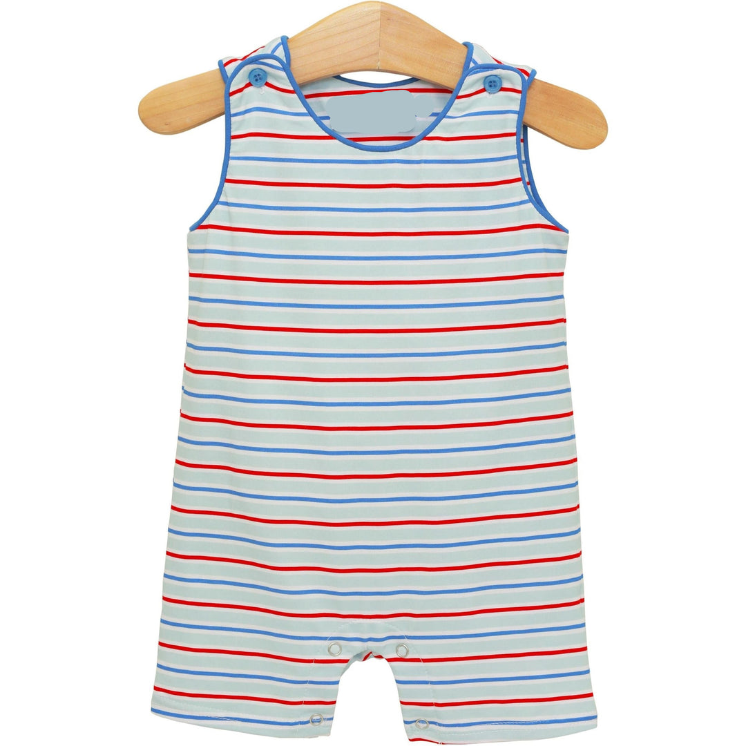 Striped baby romper on a wooden hanger against a white background