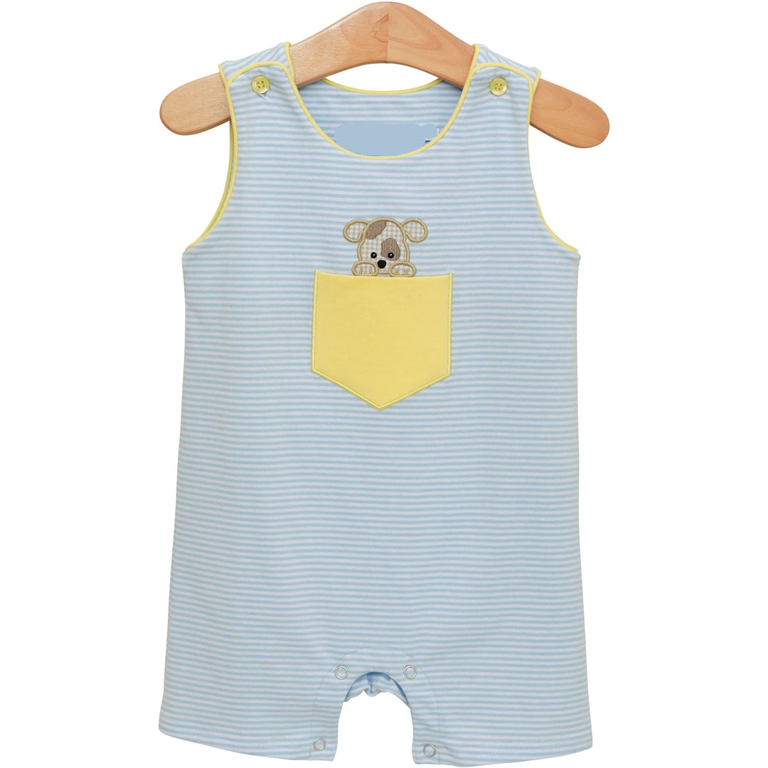 Baby romper with striped pattern and yellow pocket on a hanger
