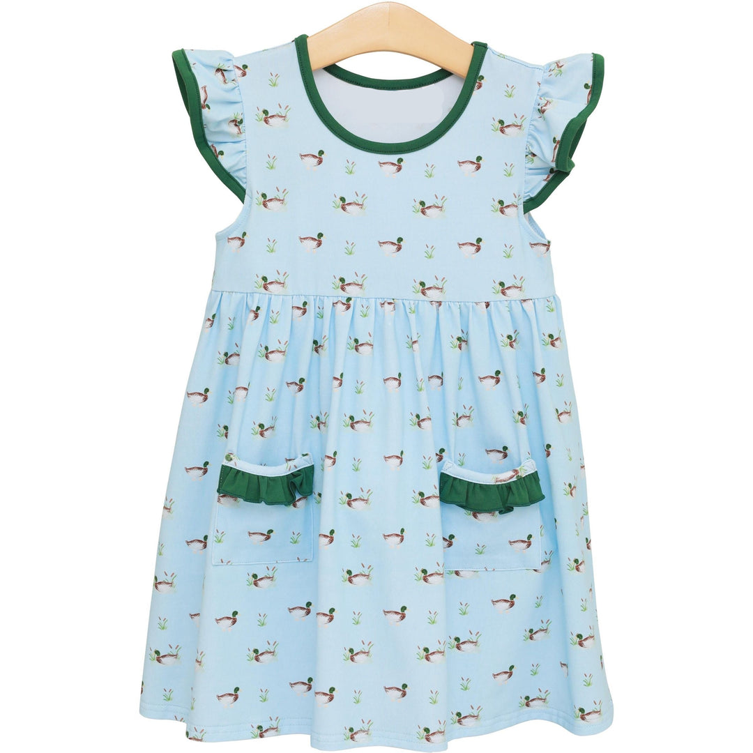 Light blue dress with green trim and mallard duck pattern on a white background