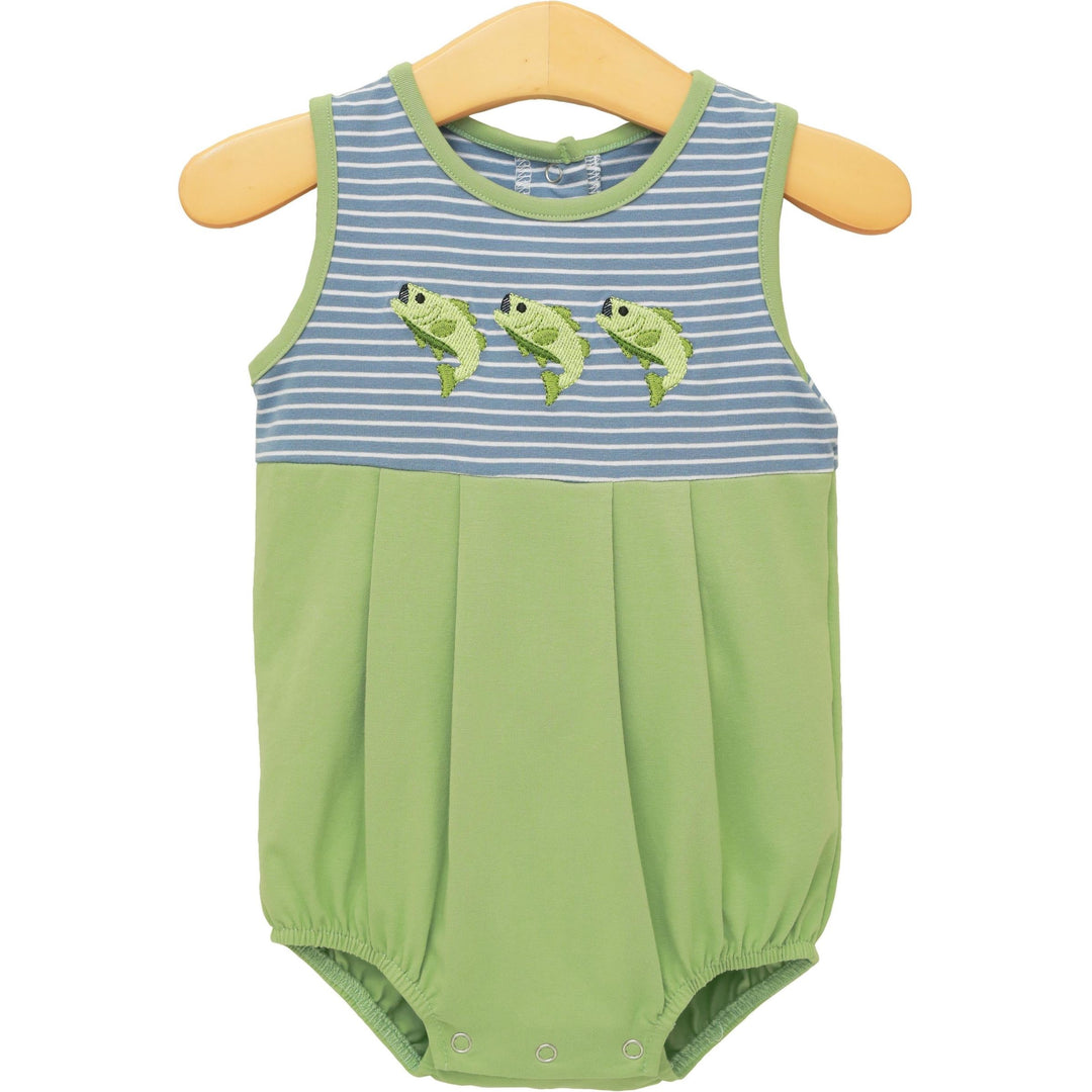 Green baby romper with fish design on a white background