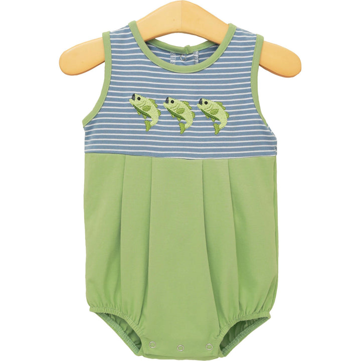 Green baby romper with fish design on a white background