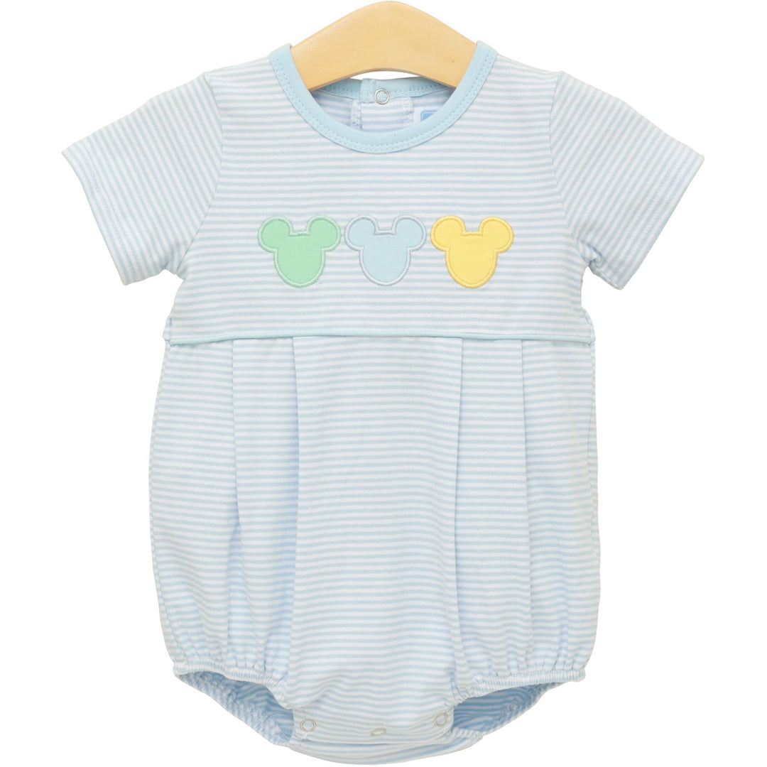 Baby romper with Mickey Mouse icons on a white background