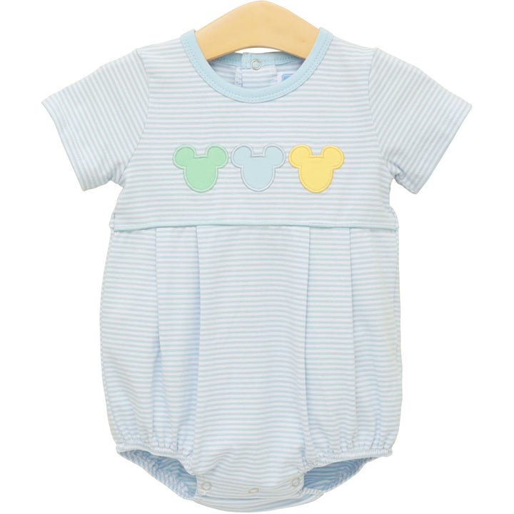 Baby romper with Mickey Mouse icons on a white background