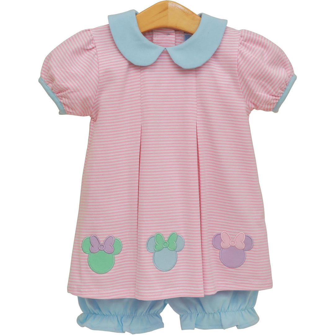 Pink and blue baby dress and bloomer set with bow designs on mickey ears on a white background