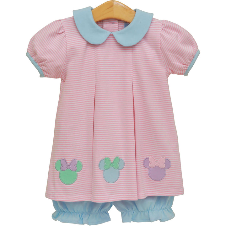 Pink and blue baby dress and bloomer set with bow designs on mickey ears on a white background