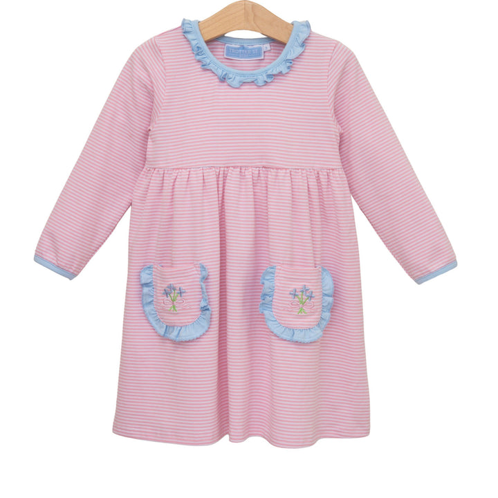 SWEET FLOWER BOUQUET PINK STRIPED DRESS