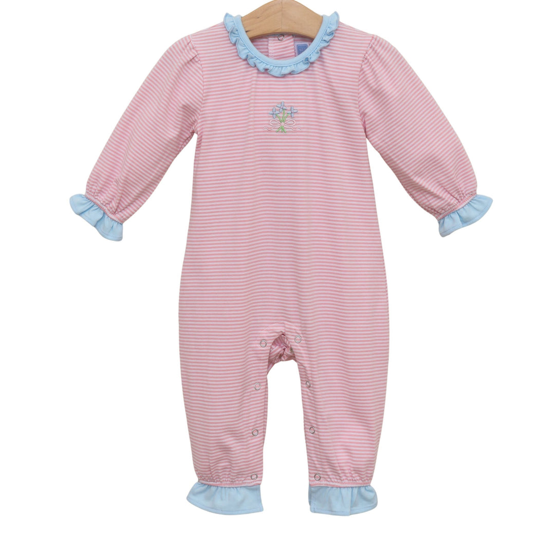 SWEET EMBROIDERED FLOWER BOUQUET PINK STRIPE ROMPER WITH BLUE RUFFLE TRIM COLLAR AND SLEEVES
